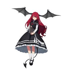  absurdres bad_id bad_twitter_id black_capelet black_dress black_footwear black_wings book capelet demon_girl demon_tail dress female floating floating_hair from_below full_body hair_between_eyes head_wings highres holding holding_book koakuma large_head_wings large_wings long_hair long_sleeves mary_janes non-web_source petticoat red_hair shirt shishi_osamu shoes simple_background smile socks solo tail touhou white_background white_shirt white_socks wings yellow_eyes 