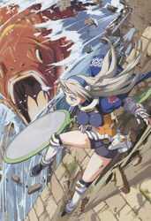  arm_guards armor arms_arc bike_shorts blue_eyes boots breasts circlet feathers female fish greaves headdress highres jacket long_hair medium_breasts oversized_object photoshop_(medium) poi_(goldfish_scoop) rance_(series) rance_quest scan silver_hair solo takkun_(alicesoft) thigh_boots thighhighs water 