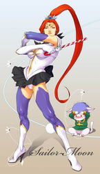  absurdres back_bow bishoujo_senshi_sailor_moon boots bow brown_eyes candy candy_cane commentary_request earrings elbow_gloves feline female food fujiwara_hisashi garma_zabi gloves gundam high_heels highres jewelry kycilia_zabi lips lipstick long_hair magical_girl makeup mobile_suit_gundam photoshop_(medium) ponytail red_hair sailor_senshi_uniform skirt tiara white_gloves 