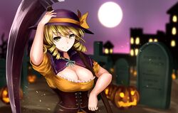  alternate_costume bad_id bad_pixiv_id blonde_hair breasts brown_corset capelet cleavage cleavage_cutout clothing_cutout commentary_request corset cross dress drill_hair elly_(touhou) female frilled_skirt frills graveyard halloween halloween_costume hat highres holding holding_scythe jack-o&#039;-lantern kamiya_ueshi large_breasts orange_dress orange_ribbon pumpkin purple_capelet purple_hat ribbon scythe short_sleeves skirt solo touhou touhou_(pc-98) twin_drills yellow_eyes 