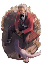  1boy archer_(fate) bad_id bad_pixiv_id bow bowtie canine dark-skinned_male dark_skin fate/stay_night fate_(series) highres male_focus mochaabx sitting solo transparent_background tuxedo white_hair 