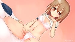  barefoot bed_sheet black_buruma bow bow_bra bow_panties bra breasts brown_eyes brown_hair buruma cameltoe circle_name closed_mouth commentary_request crotch_seam dutch_angle female frown gym_shirt gym_uniform hanami_yuzuka hand_on_own_leg ico_(green_bullet) lace lace-trimmed_bra lace-trimmed_panties lace_trim lifting_own_clothes looking_at_viewer mahou_shoujo_nante_mou_ii_desukara. medium_breasts navel no_pants on_bed panties pink_background pink_bra pink_panties shirt short_hair short_sleeves sitting solo spread_legs t-shirt tearing_up underwear unworn_buruma wariza white_shirt yumehiko 