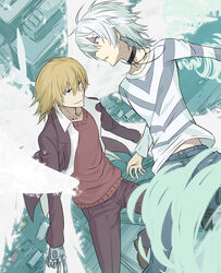  2boys accelerator_(toaru_majutsu_no_index) action aerial_battle aerokinesis air_current albino angel_wings battle black_choker black_eyes brown_hair building car choker commentary day diagonal-striped_shirt diagonal_stripes energy energy_wings feathered_wings feathers flying glowing glowing_wings hair_between_eyes highres jack-barro kakine_teitoku long_sleeves looking_at_another male_focus medium_hair motor_vehicle multiple_boys multiple_wings outdoors pincet psychic red_eyes science_fiction shirt short_hair spread_wings striped_clothes striped_shirt toaru_majutsu_no_index toaru_majutsu_no_index:_old_testament tweezers visible_air vortex white_feathers white_hair white_wings wind wind_turbine wings 