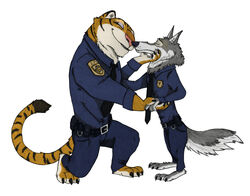  2017 anthro canid canine canis clothed clothing disney duo felid female fur hi_res male mammal officer_fangmeyer officer_wolfard otakurec37 pantherine police police_uniform simple_background tiger uniform white_background wolf ziegelzeig zootopia 