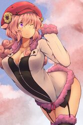  animal_ears commentary_request female garter_straps hat horns kuromiya kuzakura_mika_(kuromiya) long_hair one_eye_closed original pink_hair purple_eyes solo thighhighs 