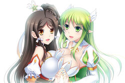  2girls ara_haan black_hair breast_press breasts brown_eyes cleavage commentary_request detached_collar elf elsword gloves grand_archer_(elsword) green_eyes green_hair hair_ornament hairpin juliet_sleeves large_breasts little_xia_(elsword) long_hair long_sleeves multiple_girls pointy_ears puffy_sleeves rena_erindel side_ponytail smile tsukimi_kirara white_background yuri 