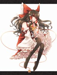  ascot bare_shoulders bell black_legwear bow brown_hair commentary_request detached_sleeves female frills hair_tubes hairbow hakurei_reimu long_hair no_shoes pantyhose petticoat red_bow solo string string_of_fate thighhighs too_many too_many_frills touhou urita_(vivivinicol) wide_sleeves yellow_eyes 