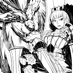  absurdres armor cete_(controllingtime) commentary_request crown female greyscale highres looking_at_viewer mole mole_under_mouth monochrome monster_hunter:_world monster_hunter_(character) monster_hunter_(series) seiza sitting solo teostra teostra_(armor) 