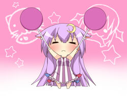  :3 =_= animal_ears arms_up bad_id bad_pixiv_id bow breasts buri_hamachi cat_ears chibi closed_eyes crescent crescent_hair_ornament etou_(cherry7) female hair_ornament hairbow koakuma long_hair medium_breasts patchouli_knowledge purple_hair solid_circle_eyes solo star_(symbol) striped touhou vertical_stripes very_long_hair 