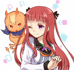  1boy ;) arca_(summon_night) chibi commentary_request crossed_arms female horns irouha kagerou_(summon_night) long_hair one_eye_closed purple_eyes red_eyes red_hair smile summon_night summon_night_5 two_side_up 