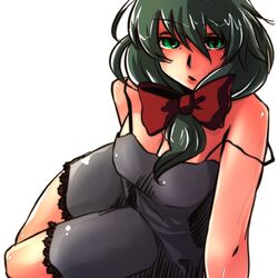  bare_shoulders commentary_request female front_ponytail green_eyes green_hair hair_ribbon kagiyama_hina lowres ribbon solo strap_slip touhou urita_(vivivinicol) 