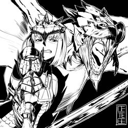  absurdres armor blush cete_(controllingtime) commentary_request female greyscale highres monochrome monster_hunter:_world monster_hunter_(character) monster_hunter_(series) rathalos rathalos_(armor) short_hair solo sword weapon 