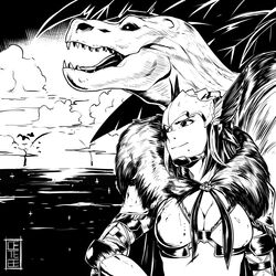  absurdres anjanath anjanath_(armor) armor breasts cete_(controllingtime) commentary_request female greyscale highres mole mole_under_mouth monochrome monster_hunter:_world monster_hunter_(character) monster_hunter_(series) solo 