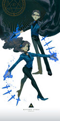  1boy artist_name bill_cipher black_gloves black_hair black_pants black_ribbon black_shirt blue_eyes blue_vest breasts brooch brother_and_sister brown_hair cape collared_shirt commentary constellation dark_persona dipper_gleeful dipper_pines dress_shirt facial_mark female floating_hair forehead_mark gem gloves gradient_background gravity_falls hairband hexagram highres jacket jewelry knife long_hair long_sleeves looking_at_viewer mabel_gleeful mabel_pines magic magic_circle medium_breasts neck_ribbon outstretched_arm outstretched_arms pants pendant photoshop_(medium) reverse_falls_(gravity_falls) ribbon shirt siblings smile spread_arms standing star_(symbol) symbol-only_commentary tears throwing_knife tight_clothes tight_pants triangle twins twohairs vest walking wavy_hair weapon white_background 