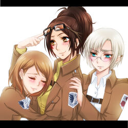  3girls blue_eyes blush brown_hair closed_eyes commentary_request emblem garrison_regiment_(emblem) glasses goggles goggles_on_head hange_zoe highres hug jacket kiraki letterboxed multiple_girls paradis_military_uniform petra_ral ponytail rico_brzenska shingeki_no_kyojin short_hair silver_hair survey_corps_(emblem) uniform yuri 