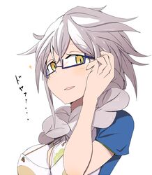  asymmetrical_hair braid commentary_request doyagao female from_side glasses grey_hair jitome kantai_collection kawa_mura long_hair looking_at_viewer semi-rimless_eyewear short_sleeves single_braid smug solo unryuu_(kancolle) very_long_hair yellow_eyes 