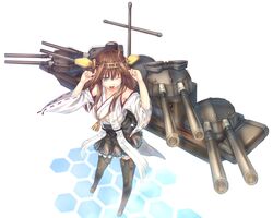  ahoge boots brown_hair cannon commentary_request detached_sleeves female grey_eyes hairband headgear japanese_clothes kantai_collection kongou_(kancolle) long_hair mecha_musume nontraditional_miko one_eye_closed open_mouth sabamu solo thigh_boots thighhighs turret 