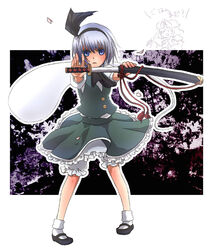  bad_id bad_pixiv_id blue_eyes female grey_hair hair_ribbon katana konpaku_youmu konpaku_youmu_(ghost) ribbon sheath short_hair solo sword touhou urita_(vivivinicol) weapon 