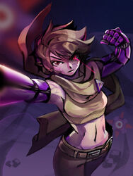  agent_black bad_id bad_pixiv_id belt brown_eyes brown_hair check_spoilers commentary_request cowboy_shot female glowing glowing_eye mechanical_arms midriff pants scarf solo spoilers tank_top the_iconoclasts tsukunegi_(mine-strone) veins 