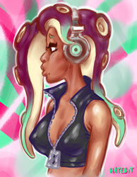  2018 abstract_background animal_humanoid black_hair breasts brown_body brown_skin cephalopod cephalopod_humanoid cleavage clothed clothing digital_media_(artwork) electronics female hair half-closed_eyes hatebit headphones humanoid long_hair marina_(splatoon) marine marine_humanoid markings midriff mole_(marking) mollusk mollusk_humanoid narrowed_eyes nintendo octarian octoling open_mouth profile pseudo_hair solo splatoon suction_cup tentacle tentacle_hair topwear vest 