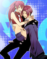  1boy bracelet brother_and_sister carrying commentary_request cosplay death_the_kid death_the_kid_(cosplay) elizabeth_thompson elizabeth_thompson_(cosplay) female free! jewelry long_hair matsuoka_gou matsuoka_rin midriff miyano_mamoru navel open_mouth ponytail princess_carry red_eyes red_hair sharp_teeth shimizu_aoto siblings sleeveless smile soul_eater teeth turtleneck voice_actor_connection watanabe_akeno 