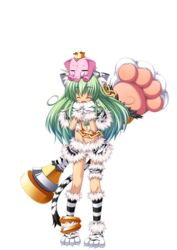  animal_ears animal_hands anklet cat_ears chains closed_eyes crop_top earrings elephant female full_body gloves green_hair highres jewelry koihime_musou kuwada_yuuki long_hair midriff moukaku navel paw_gloves paw_shoes polearm shoes skirt smile solo tail transparent_background weapon 