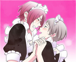  2boys alternate_costume apron blue_eyes blush commentary_request crossdressing dress enmaided free! grey_hair holding_hands interlocked_fingers maid maid_headdress male_focus matsuoka_rin multiple_boys nitori_aiichirou open_mouth oshidorio red_eyes red_hair sharp_teeth smile teeth yaoi 