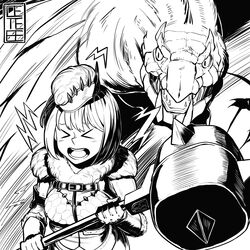  absurdres armor blush cete_(controllingtime) commentary_request female greyscale hammer highres monochrome monster_hunter:_world monster_hunter_(character) monster_hunter_(series) open_mouth screaming solo tobi-kadachi tobi-kadachi_(armor) 