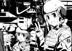  2girls commentary_request gloves greyscale headphones helmet military military_uniform military_vehicle monochrome motor_vehicle multiple_girls original shino_(r_shughart) tank uniform v 