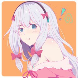  ! :t ^^^ aqua_bra aqua_eyes bare_shoulders border bra breasts commentary_request dress eromanga_sensei female from_side grey_hair highres illusionk izumi_sagiri long_hair looking_at_viewer looking_to_the_side medium_breasts off-shoulder_dress off_shoulder orange_background outside_border pink_dress pout shiny_skin sidelocks simple_background solo tareme underwear upper_body v-shaped_eyebrows white_border 