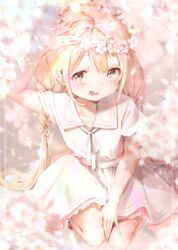  :d blonde_hair blurry brown_eyes cherry_blossoms commentary depth_of_field dress falling_petals female flower flower_wreath full_body futaba_anzu hair_ribbon hanami hand_on_headwear hand_on_lap hand_up head_wreath highres idolmaster idolmaster_cinderella_girls kinako_(shiratama_mochi) kira!_mankai_smile_(idolmaster) long_hair looking_at_viewer low_twintails open_mouth outdoors petals ribbon sailor_collar sailor_dress sash school_uniform seiza signature sitting smile solo twintails twitter_username very_long_hair white_dress white_sailor_collar 