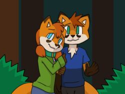  2018 5_fingers anthro anthro_on_anthro avoid_posting big_eyes big_head blue_bottomwear blue_clothing blue_eyes blue_topwear bottomwear brother_(lore) canid canine chest_tuft clothing collar countershade_face countershading digital_media_(artwork) dipstick_tail female fingers fox fur gloves_(marking) green_clothing green_topwear hair head_tuft humanoid_hands long_hair looking_at_viewer male mammal markings multicolored_tail orange_body orange_fur outside plant romantic romantic_ambiance romantic_couple samkin samkin_(character) sandra_(samkin) shirt shrub sibling_(lore) sister_(lore) standing t-shirt tail tail_markings topwear tree tuft twintails white_body white_countershading white_fur young young_anthro 