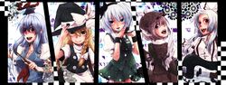  5girls bad_id bad_pixiv_id blue_eyes braid fujiwara_no_mokou guitar hair_ribbon hat hat_ribbon instrument kamishirasawa_keine kirisame_marisa konpaku_youmu microphone multiple_girls mystia_lorelei pink_eyes pink_hair red_eyes ribbon side_braid touhou urita_(vivivinicol) white_hair winged_hat wings witch_hat yellow_eyes 