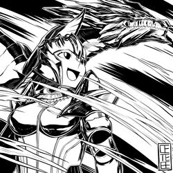  absurdres armor breasts cete_(controllingtime) commentary_request female greyscale happy highres kushala_daora kushala_daora_(armor) monochrome monster_hunter:_world monster_hunter_(character) monster_hunter_(series) open_mouth solo 