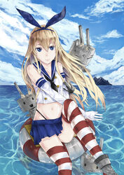  blonde_hair female gloves hairband kantai_collection long_hair ocean shimakaze_(destroyer) shimakaze_(kantai_collection) skirt striped 