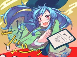  alternate_costume blue_hair commentary_request facial_mark female furisode furorina hat hinanawi_tenshi iroha_karuta japanese_clothes karuta_(card_game) kimono long_hair open_mouth red_eyes sidelocks solo touhou v-shaped_eyebrows wide_sleeves 