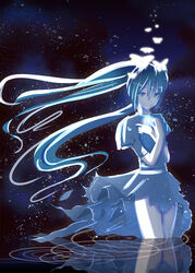  commentary_request dress female floating_hair hands_on_own_chest hatsune_miku iwanishi long_hair night partial_commentary sky solo star_(sky) starry_sky twintails very_long_hair vocaloid 