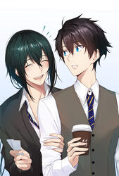  alternate_costume black_hair blue_eyes coffee cup disposable_cup fate/grand_order fate_(series) fujimaru_ritsuka_(male) green_hair male_focus multiple_boys necktie school_uniform shijiu_(adamhutt) striped striped_neckwear teacher_and_student ticket waistcoat yan_qing_(fate/grand_order) you_after_the_rain 