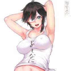  armpits arms_up black_hair breasts commentary_request covered_nipples female green_eyes indie_virtual_youtuber long_hair looking_at_viewer medium_breasts midriff minori_yumeko navel one_eye_covered shu-mai simple_background smile solo translation_request virtual_youtuber white_background 