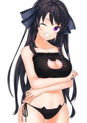  ao_no_kanata_no_four_rhythm bad_id bad_pixiv_id bell black_bra black_hair black_panties blush bra breasts cat_cutout cat_ear_panties cat_lingerie choker cleavage cleavage_cutout clothing_cutout female hair_ribbon harumaki_haruki highres large_breasts long_hair meme_attire neck_bell one_eye_closed panties purple_eyes ribbon side-tie_panties smile solo tobisawa_misaki underwear underwear_only 