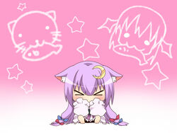  &gt;_&lt; :3 animal_ears bad_id bad_pixiv_id bow buri_hamachi cat_ears chibi closed_eyes crescent crescent_hair_ornament etou_(cherry7) female hair_ornament hairbow koakuma long_hair patchouli_knowledge purple_hair solid_circle_eyes solo touhou very_long_hair 