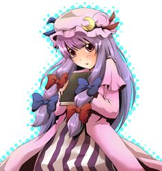  bad_id bad_pixiv_id book crescent female hair_ribbon hat holding holding_book hugging_book hugging_object long_hair patchouli_knowledge purple_eyes purple_hair ribbon solo touhou urita_(vivivinicol) 