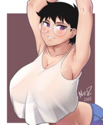  1girls absurd_res black_hair breasts female female_only freckles glasses hi_res jane_(nesz) large_breasts looking_at_viewer midriff nesz original purple_eyes short_hair solo solo_female tank_top tomboy 