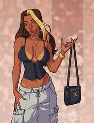  1girls artist_signature blanclauz bracelet brown_hair cargo_pants cleavage dark-skinned_female dark_skin earrings green_eyes jewelry large_breasts long_hair midriff milf necklace nina_(blanclauz) purple_nails purse ring solo tanline two_tone_hair 