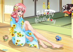  2boys 2girls alternate_costume architecture artist_logo barefoot blue_kimono dated east_asian_architecture floral_print flower hair_flower hair_ornament happy_birthday highres japanese_clothes kabu_(one_piece) kimono knee_up legs leo_(one_piece) long_hair long_legs looking_at_viewer multiple_boys multiple_girls obi one_piece pink_eyes pink_hair ponytail rebecca_(one_piece) rider_(orange_couture) sash shadow sidelocks sitting smile teeth toes tongue upper_teeth_only wicca yellow_sash yukata 