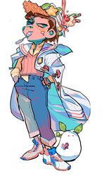  1boy alternate_costume black_hair bulzizzang cherry closed_eyes denim diamond_wa_kudakenai food food_on_head fruit fruit_on_head full_body hands_in_pockets hat highres ice_cream ice_cream_scoop jacket jacket_on_shoulders jeans jojo_no_kimyou_na_bouken kiwi_(fruit) kiwi_slice kujo_jotaro long_sleeves male_focus mouth_hold object_on_head pants pink_vest shirt shoes simple_background solo standing star-shaped_food star_(symbol) starfruit vest white_background white_footwear white_jacket yellow_shirt 