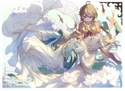  2girls brown_eyes brown_hair chinese_clothes fan fish flower folding_fan green_eyes long_hair lotus luo_tianyi multiple_girls silver_hair vocaloid vsinger water white_lotus you_hashira yuezheng_ling 