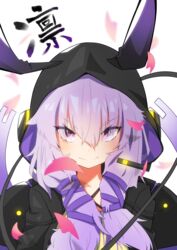  absurdres animal_hood black_jacket cable cherry_blossoms commentary female glowing hair_ribbon headphones headset highres hood hood_up jacket kanji kanji_focus kashisuover looking_at_viewer purple_eyes purple_hair rabbit_hood ribbon sidelocks smile solo translated v-shaped_eyebrows vocaloid voiceroid white_background yuzuki_yukari yuzuki_yukari_(lin) yuzuki_yukari_(vocaloid4) 