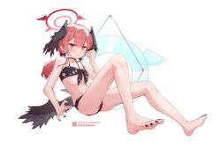  absurdres barefoot bikini black_bikini black_bow black_nails black_wings blue_archive bow breasts closed_mouth commentary feathered_wings feet female floral_print front-tie_bikini_top front-tie_top hair_between_eyes hairbow halo hand_up head_wings highres innertube knees_up koharu_(blue_archive) koharu_(swimsuit)_(blue_archive) legs liwendala long_hair low_twintails low_wings nail_polish official_alternate_costume pink_eyes pink_hair pink_halo print_bikini simple_background sitting small_breasts soles solo spaghetti_strap swim_ring swimsuit toenail_polish toenails toes twintails underboob white_background wings 