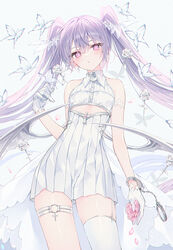  +_+ banned_artist bare_arms bare_shoulders bug butterfly cowboy_shot cuffs dress female flat_chest garter_straps gloves handcuffs insects long_hair looking_at_viewer original parted_lips pink_eyes pleated_dress purple_hair rurudo short_dress single_thighhigh sleeveless sleeveless_dress solo thigh_strap thighhighs thighs twintails very_long_hair white_dress white_gloves white_legwear 